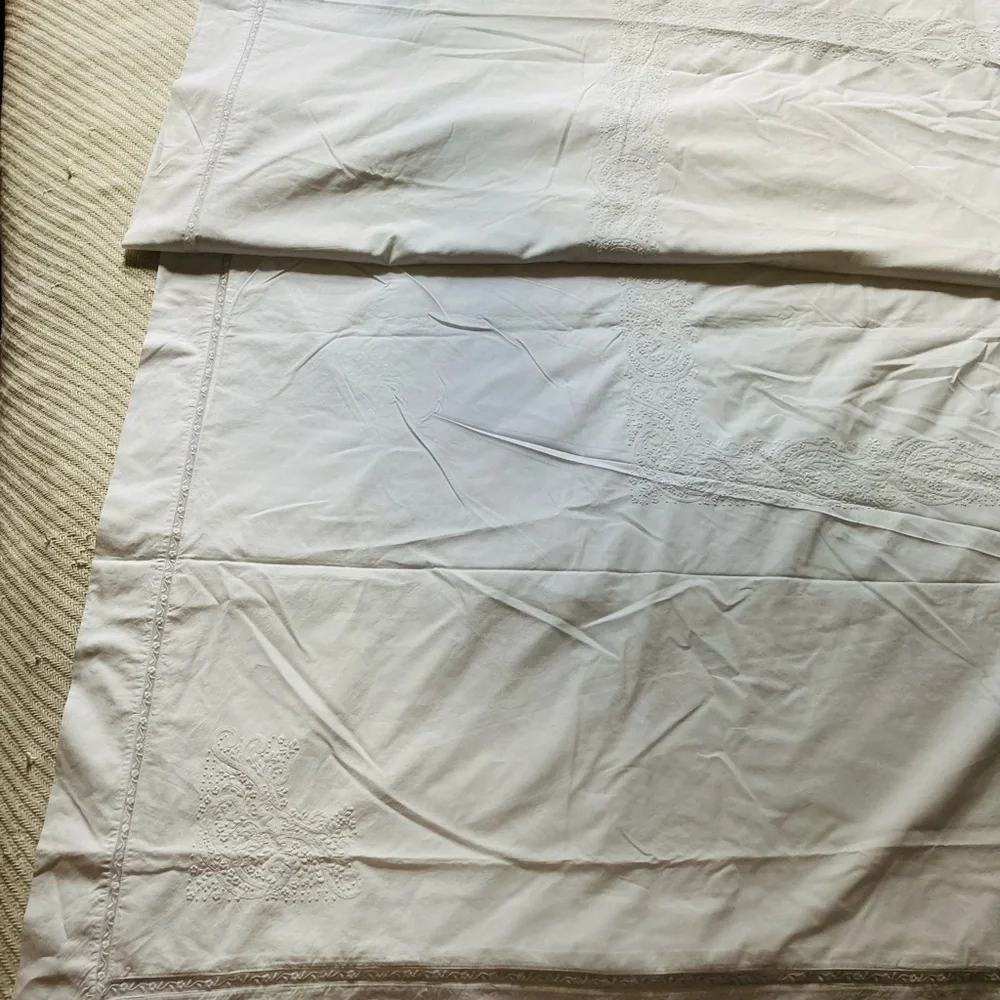 Sferra Bros Italian Egyptian cotton duvet cover hand embroidered floral lace.